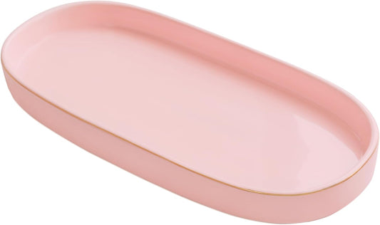 10x5 Bathroom Vanity Tray, Oval Ceramic Decorative Perfume Candle Tray for Bathroom/Kitchen Counter, Pink