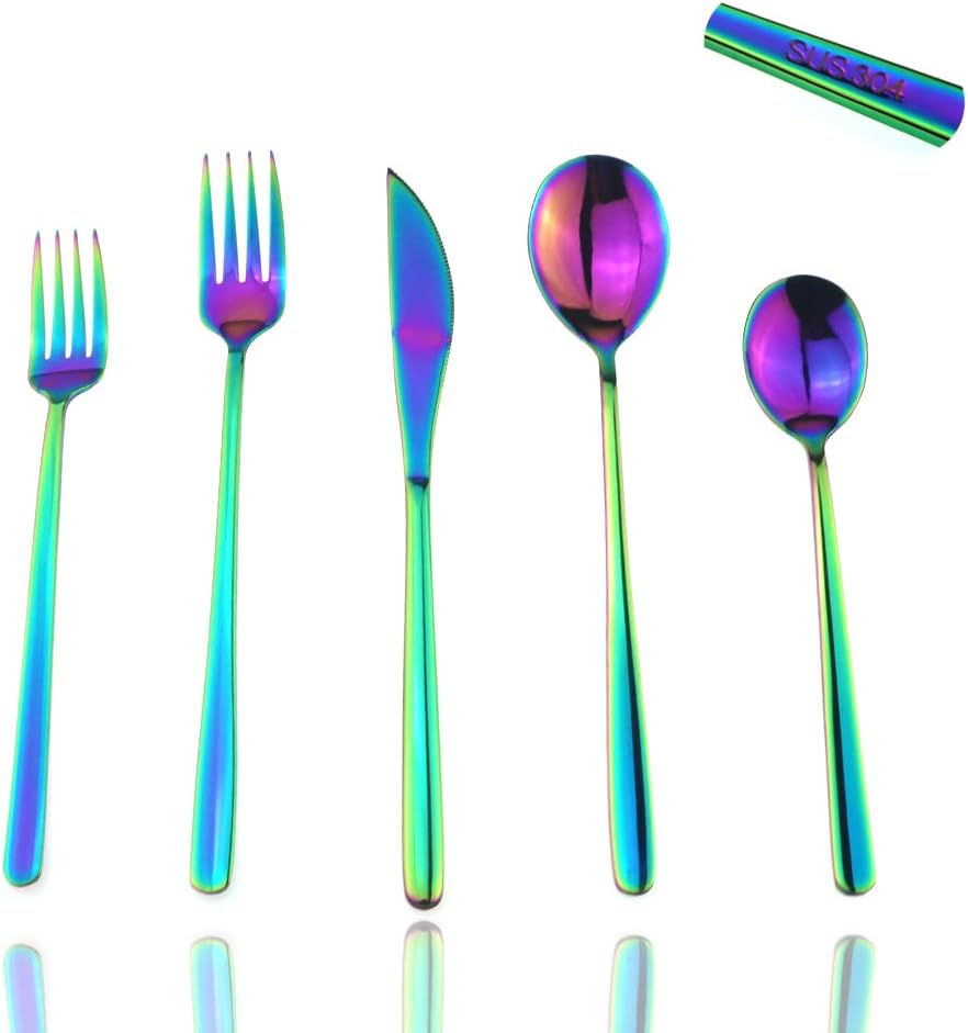 JASHII Mirror Polished Rainbow 20-Piece SUS304 Stainless Steel Flatware Set,Colorful Silverware Set Dinner Knife Fork Spoon Dessert Fork Salad Spoon Service for 4