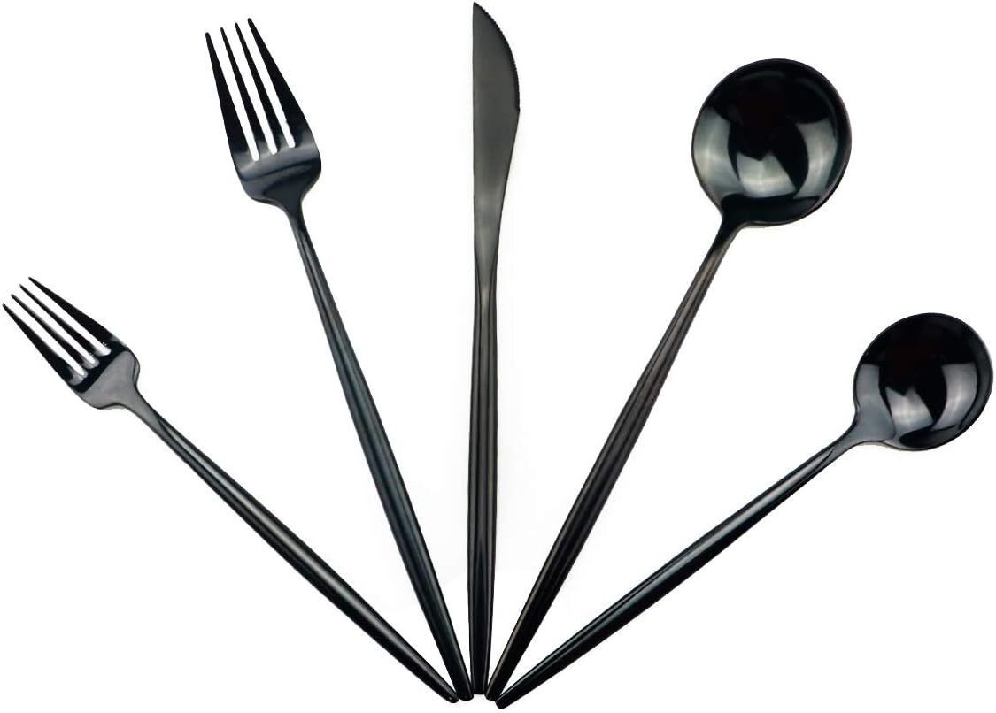 Gugrida Portable Silverware Set - 20-Piece Flatware Cutlery Set - 18/10 Stainless Steel - Mirror Polishing Black - Travel Elegant Modern Utensils - Service for 4 Include Steak Knife Dinner Fork Spoon