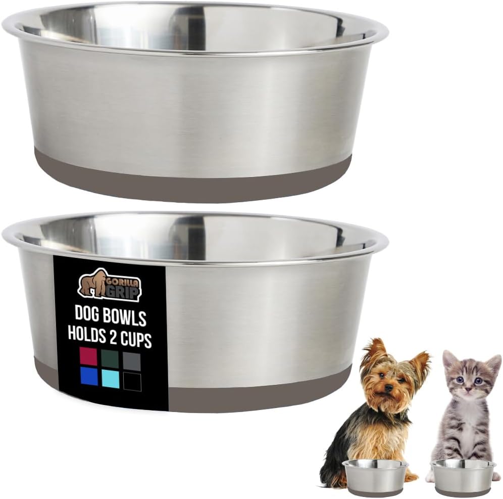 GORILLA GRIP Set of 2 Dog Bowls, Heavy Duty Metal Food and Water Bowl for Feeding Dogs and Cats, Dishwasher Safe, Rust Resistant Stainless Steel, BPA Free Rubber Base, Holds 2 Cups (16 fl oz), Beige