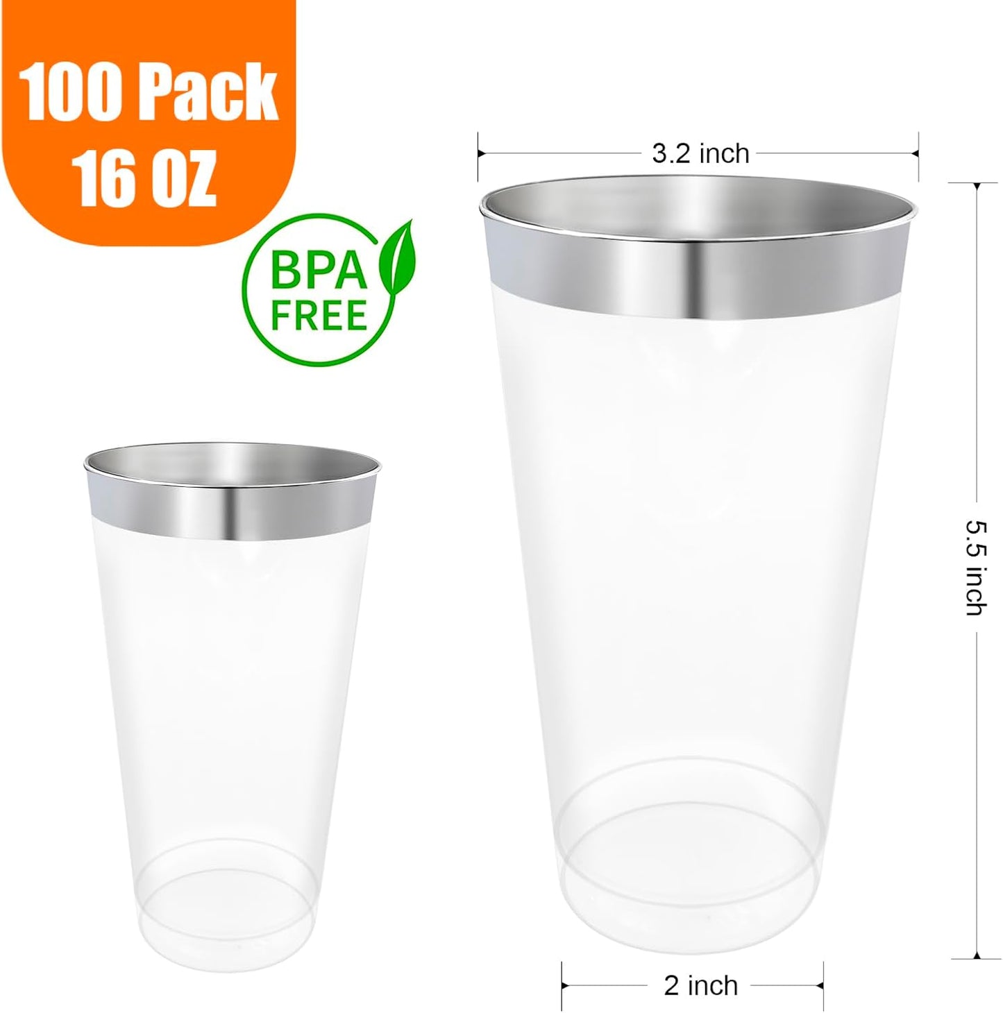 100 Pcs Silver Plastic Tumblers - 16 oz Clear and Silver Rim Plastic Wine Cups, Big Size Fancy Disposable Party Cup Beverage Drinking Cup for Party, Wedding, Halloween, Thanksgiving & Christmas