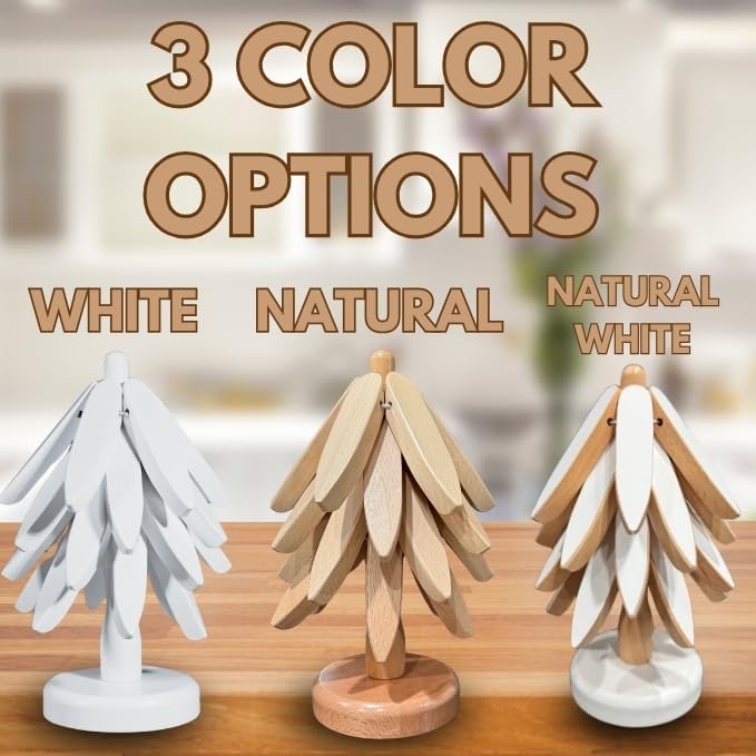 Wooden Trivets for Hot Dishes, Tree Trivet Set, Stackable Tree Coasters for Hot Dish, Pot, Bowl, Teapot, Includes 4 Trivets, 1 Stand, and 4 of Choice (White/Natural Wood)