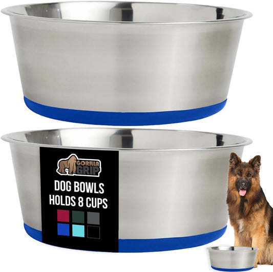 GORILLA GRIP Set of 2 Dog Bowls, Holds 8 Cups (64 fl oz), Heavy Duty Metal Food and Water Bowl for Feeding Dogs and Cats, Dishwasher Safe, Rust Resistant Stainless Steel, BPA Free Rubber Base, Blue