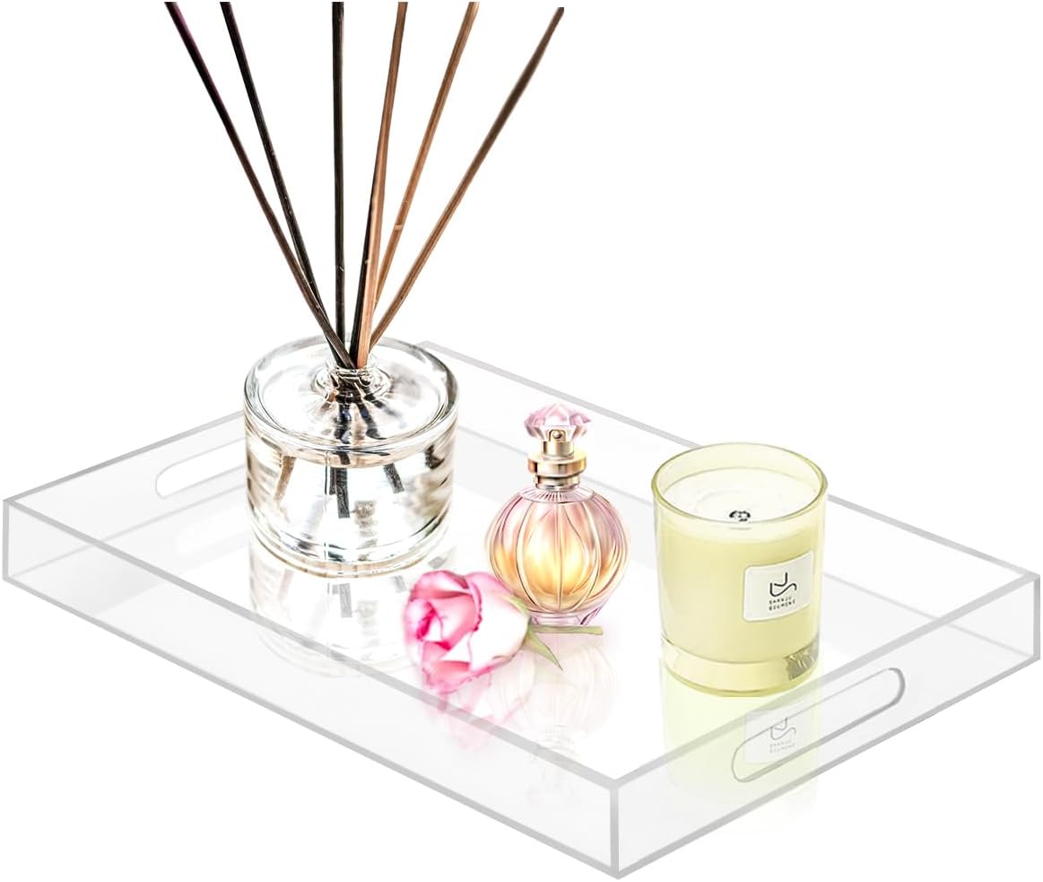 SetGame Acrylic Serving Tray with Handles, Bathroom Desktop Decorative Storage Arylic Trays, Simple Vanity Tray Food Tea Fruit Dinner Snack Tray for Bar Kitchen Party