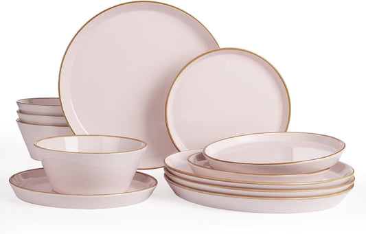 Famiware Saturn Dinnerware Sets, Plates and Bowls Sets for 4, 12 Pieces Stoneware Dish Set - Chip and Scratch Resistant, Microwave and Dishwasher Safe Tableware Set, Light Pink with Rim