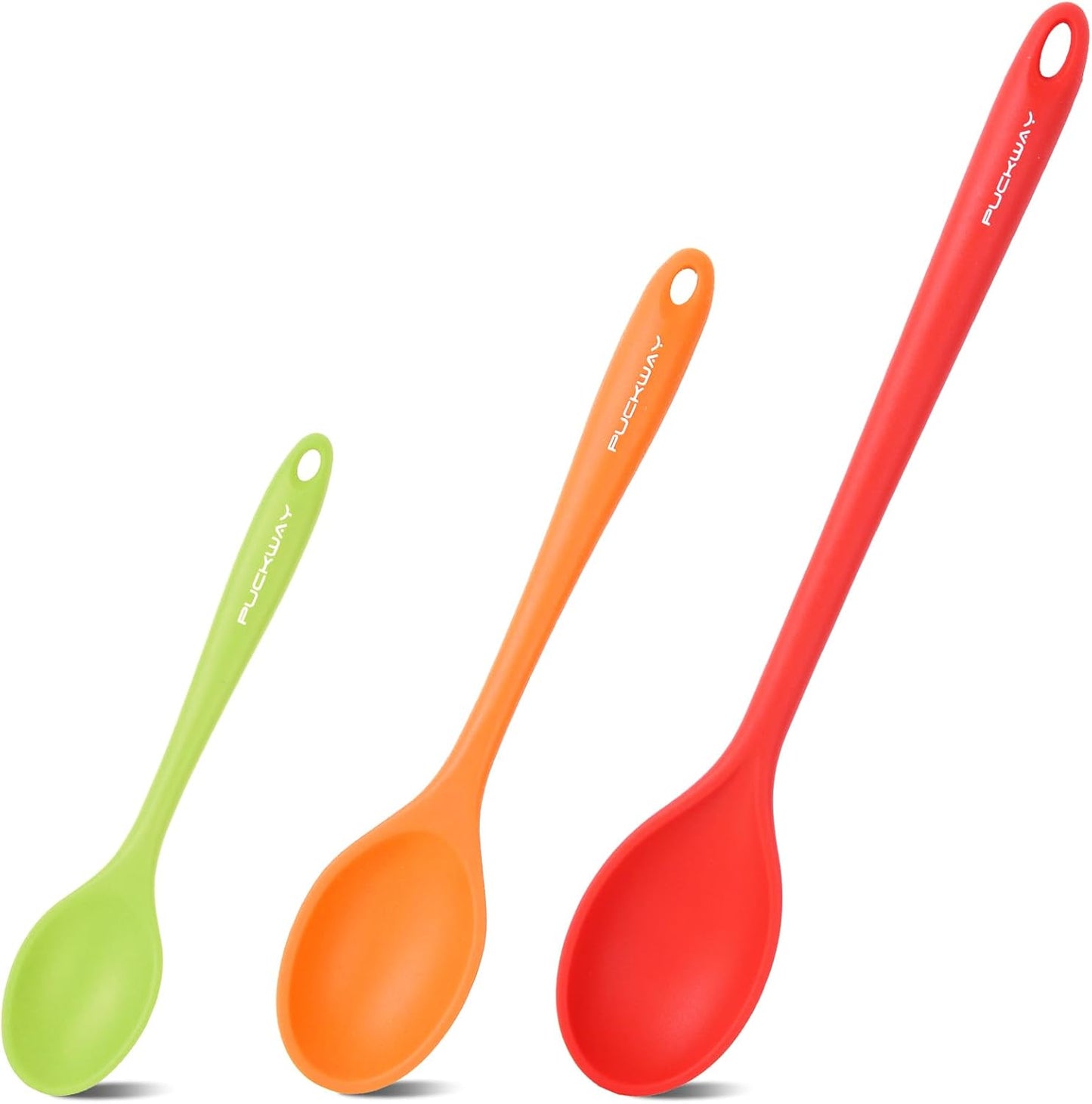 3 Pcs Silicone Spoons Set of 7.9 10.6 14.2 inch for Cooking, Heat Resistant Kitchen Spoons for Mixing, Stirring, and Serving, Small to Large Non Stick (Red & Orange & Green)