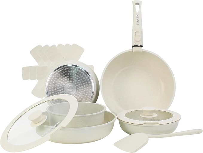 11 PCS Pots and Pans Set, Cookware set with removable Handles, Dishwasher and oven Safe, Detachable Cooking Set, Induction and Gas Stove kitch set, White