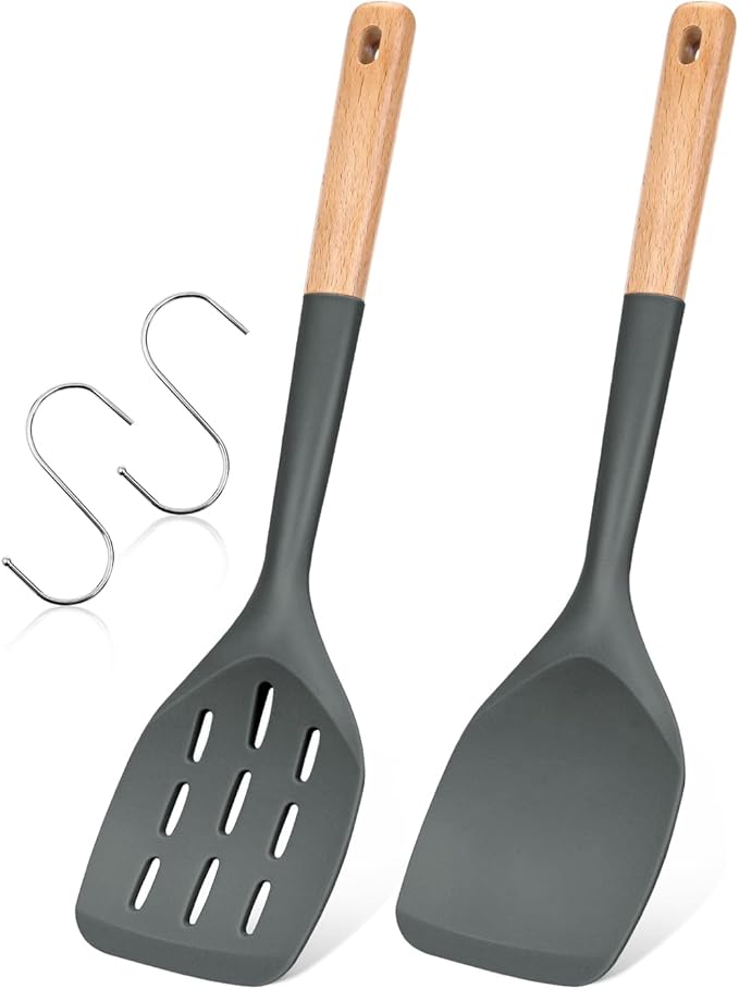 Pack of 2 Silicone Spatula, Non Stick Cooking Utensil Set Wooden Handle Kitchen Turner for Baking Mixing Grilling Serving Food Heat Resistant Non Scratch Hooks Included (Grey)