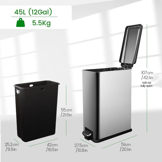 12 Gallon Trash Can with Lid，45L Kitchen Garbage Can,Stainless Steel Trash Can for Narrow Spaces with Soft-Close Lid, Inner Bucket, and Step-on Pedal