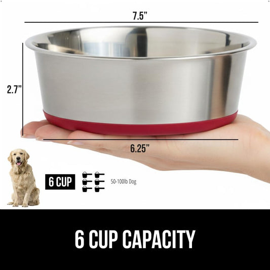 GORILLA GRIP Set of 2 Dog Bowls, Holds 6 Cups (48 fl oz), Heavy Duty Metal Food and Water Bowl for Feeding Dogs and Cats, Dishwasher Safe, Rust Resistant Stainless Steel, BPA Free Rubber Base, Red