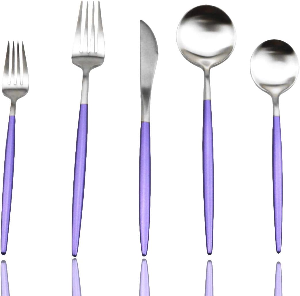 JASHII Silverware Sets, 5-Piece Flatware 18/10 Stainless Steel Heavy Weight Forged Cutlery Eating Utensils Forks Spoons Knives Set Tableware Service for 1 Matte Finished (Purple & Silver)