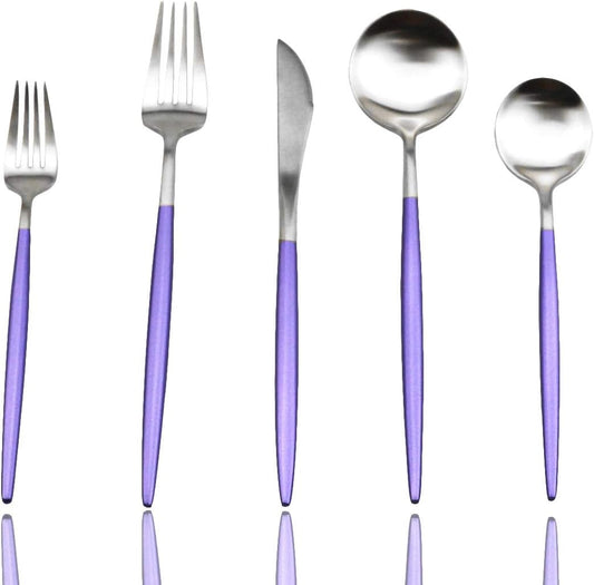 JASHII Silverware Sets, 5-Piece Flatware 18/10 Stainless Steel Heavy Weight Forged Cutlery Eating Utensils Forks Spoons Knives Set Tableware Service for 1 Matte Finished (Purple & Silver)