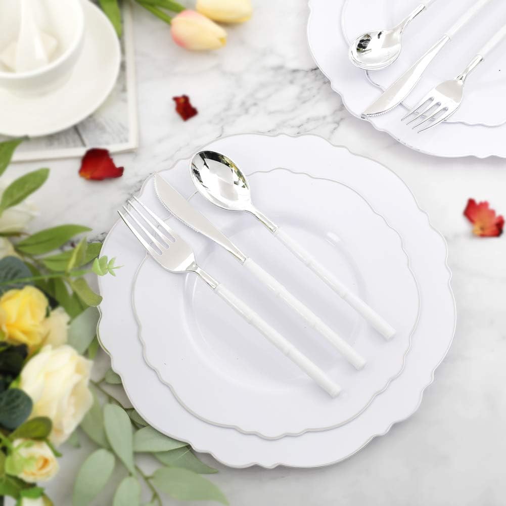 WDF 60pcs Silver Plastic Plates-Baroque White &Silver Plates for Upscale Parties &Wedding-including 30Plastic Dinner Plate 10.25inch, 30 Salad Plate 7.5inch for Christmas
