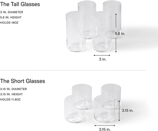 Fable Glassware Set - Includes 4 Tall Glasses and 4 Short Glasses - Lightweight, Dishwasher Safe, Glass Cups Bundle