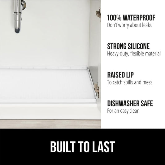 GORILLA GRIP Waterproof Silicone Under Sink Mat with Raised Lip for Kitchen and Bathroom, 46 x 22 in, Cabinet Shelf Liner Stay in Place Mats Dishwasher Safe Drawer Liner, Organizer Tray, White
