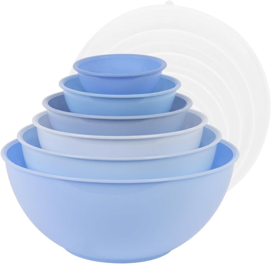 BoxedHome BPA Free Plastic Round Mixing Bowl with Lids, 12 Pack Nesting Bowls with Lids Set, Microwave and Dishwasher Safe Prep & Serving Bowls Great for Mixing, Baking, Serving (Pale Blue, 12pcs)