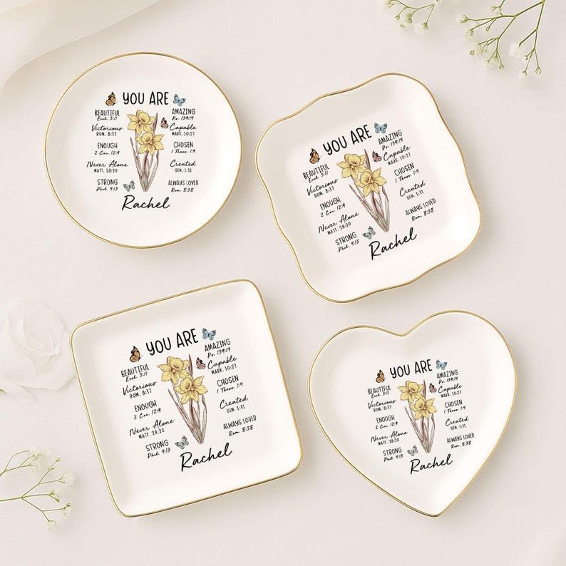 V-DECORPARKS God Says I Am Personalized Jewelry Dish – Custom Bible Verse Ring Storage Gift for Her, Christian Faith Gift for Women, Scripture Trinket Holder with Name & Birth Flower