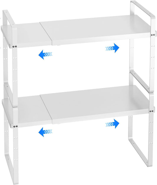 Expandable Cabinet Shelf Organizer, Stackable Kitchen Pantry Counter Storage, Adjustable Closet Cupboard Stand Rack Risers Spice Organization 80LBS Heavy Duty White Large 2 Pack