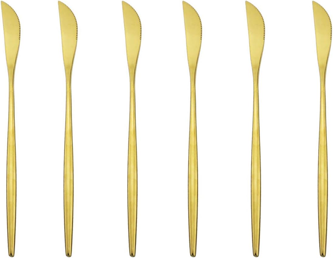 Gugrida Mirror Polished Gold Royal Dinner Knife Steak Knives, Light weight design Stainless Steel Flatware Cutlery Set for 6, 8.66-Inch