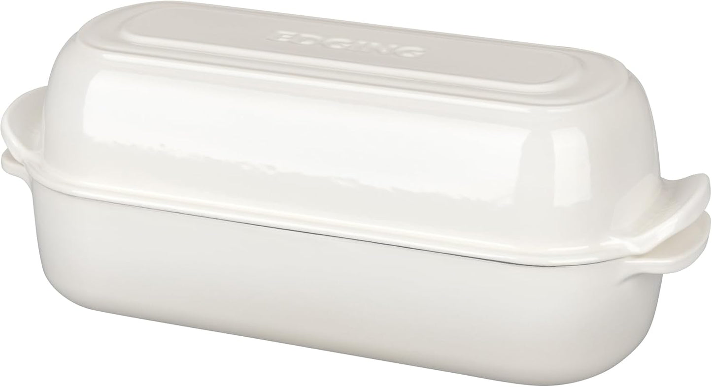 Enameled Cast Iron Loaf Pan with Lid, Dutch Oven Bread pan for Homemade Sourdough Bread Baking, 12.5x5.5 inch, 5qt, White