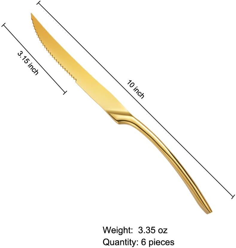 Lemeya Stainless Steel Gold Steak Knives Set of 6,Forge Steak Knife,Serrated Steak Knives Set,6 Piece Heavy Steak Knives-10 inch,Mirror Polished,Dishwasher Safe