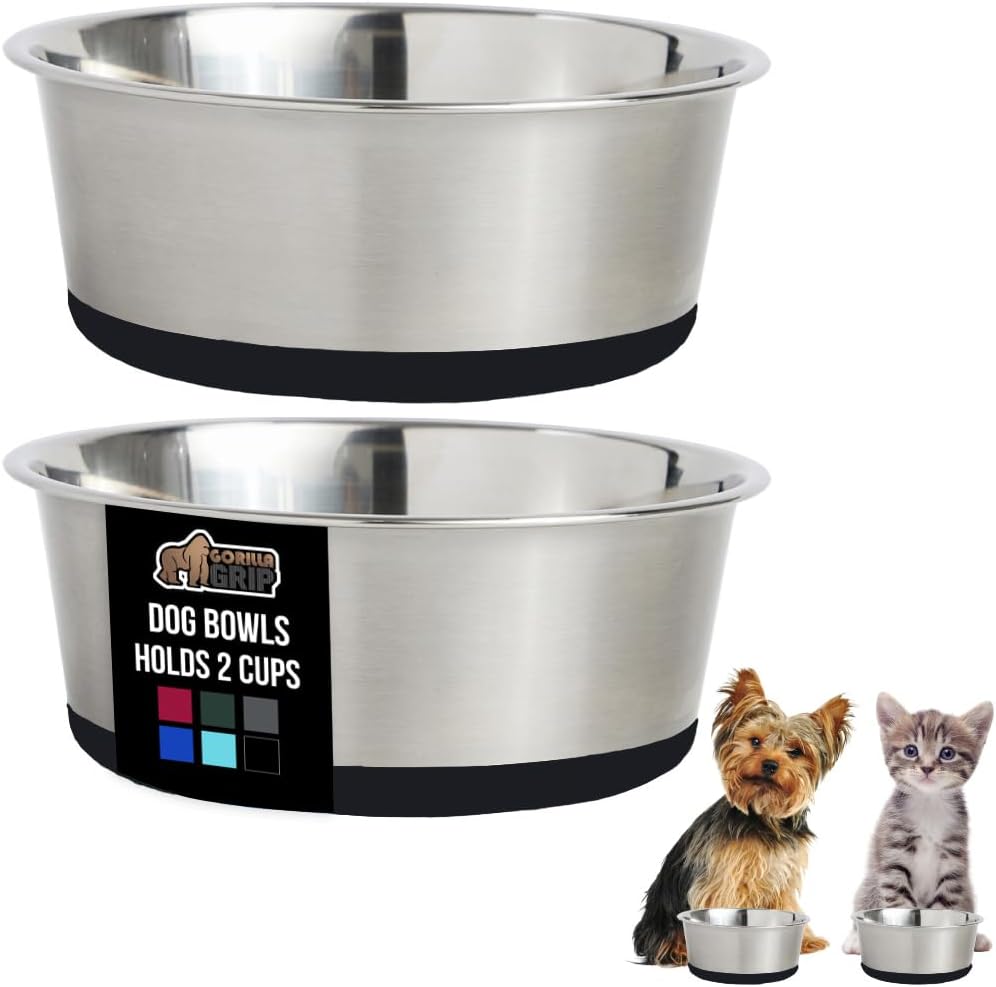 GORILLA GRIP Set of 2 Dog Bowls, Heavy Duty Metal Food and Water Bowl for Feeding Dogs and Cats, Dishwasher Safe, Rust Resistant Stainless Steel, BPA Free Rubber Base, Holds 2 Cups (16 fl oz), Black