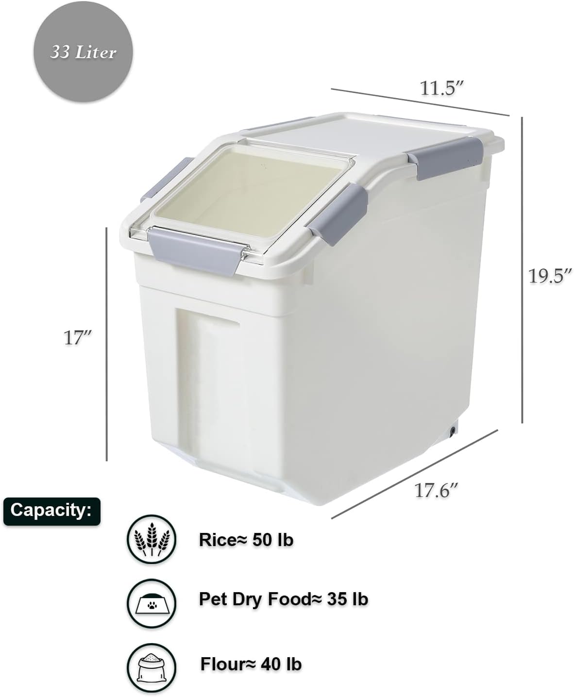 HANAMYA 33 Liter / 50 lbs Rice Storage Container with Measuring Cup, BPA free, For Rice | Grain | Pet Food | Flour, 1 count, White