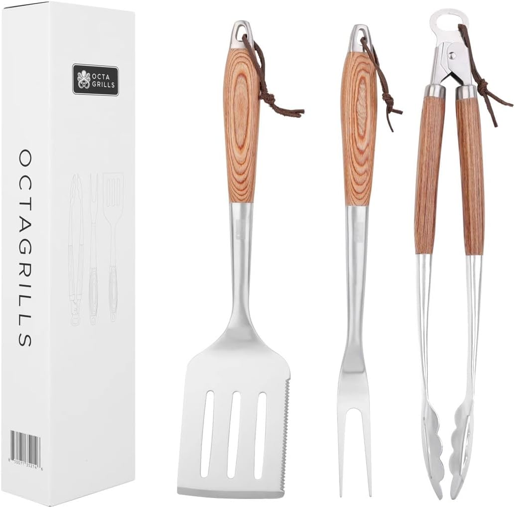 3-Piece BBQ Utensil Set – Premium Stainless Steel Grill Tools with Extra Wide Spatula - Pakka Wood Handles & Leather Hanging Loops (Spatula, Tongs & Fork)