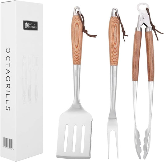 3-Piece BBQ Utensil Set – Premium Stainless Steel Grill Tools with Extra Wide Spatula - Pakka Wood Handles & Leather Hanging Loops (Spatula, Tongs & Fork)