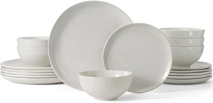 Famiware Moonlight Plates and Bowls Sets, 24 Pieces Stoneware Dinnerware Sets with Linen Finish, Dishware set for 8, Microwave and Dishwasher Safe, Chip and Scratch Resistant, White