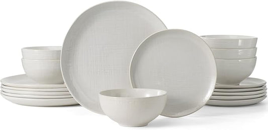 Famiware Moonlight Plates and Bowls Sets, 24 Pieces Stoneware Dinnerware Sets with Linen Finish, Dishware set for 8, Microwave and Dishwasher Safe, Chip and Scratch Resistant, White