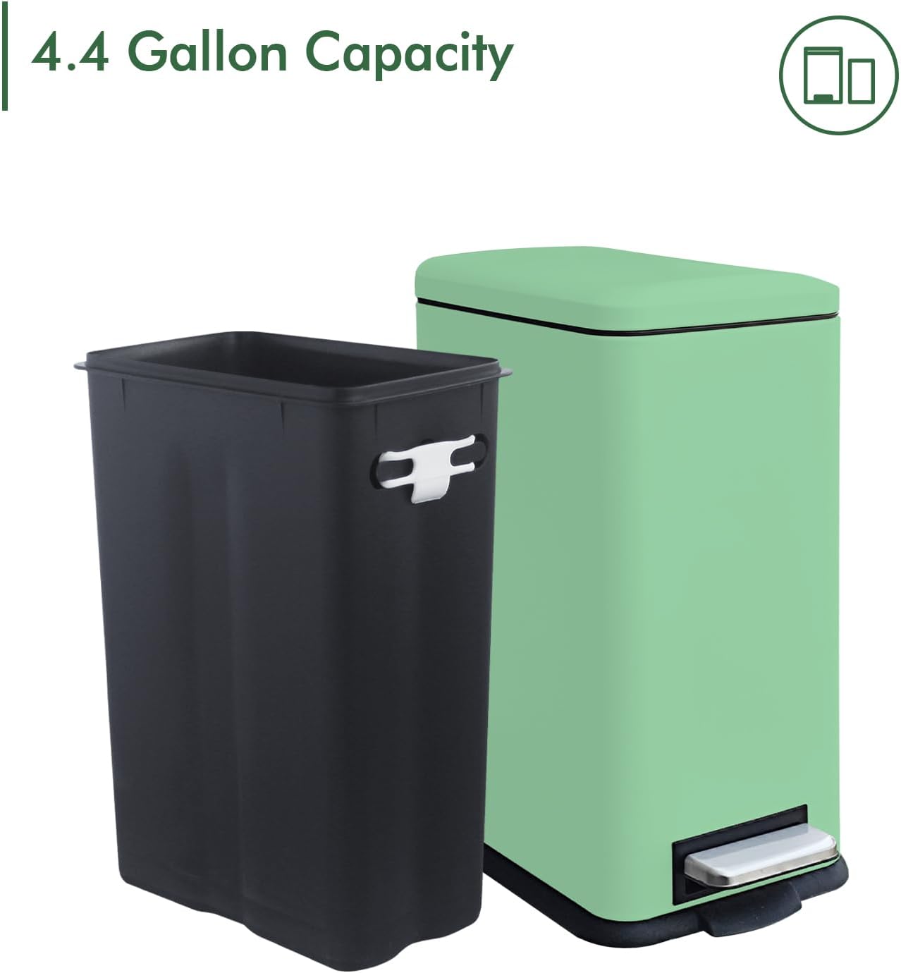 Green 16.7L/4.4 Gallon Bathroom Trash Can with Lid. Features a removable inner bucket, a soft - close lid, and a stainless - steel step pedal. Ideal for use in the bathroom, kitchen, and home office.