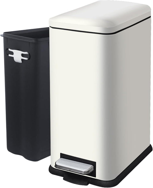 Large Bathroom Trash Can, 16.7L/ 4.4 Gallon Trash Can with Removable Wastebasket, Hand Free Garbage Can with Soft close Lid, Stainless Steel Skinny Trash Bin for Bedroom, Home Office, White