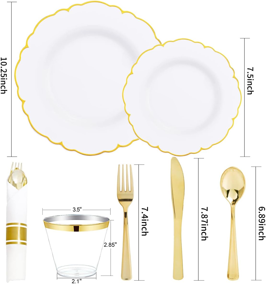 Morejoy 175PCS Gold Plastic Plates，White Gold Disposable Plates with Pre Rolled Napkins:25 Dinner Plates,25 Dessert Plates,25 Spoons,25 Forks,25Knives,25Cups,25Napkins for Party & Father's Day