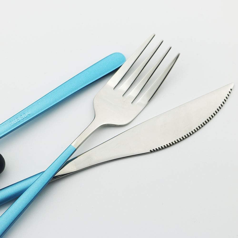 JASHII 20-Piece Silverware Set with Serving Utensils, SUS304 Stainless Steel Flatware Cutlery Set for 4, Eating Utensil Tableware Sets, Mirror Finish(Blue silver)