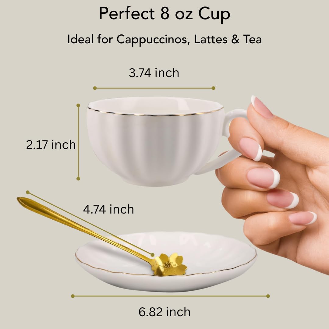 8oz Cappuccino Cups Set of 4 – Porcelain Gold Rimmed White 4 Cappuccino Cup and Saucer Set & Gold Spoons, Latte Cups, Coffee & Tea Mug and Saucer Set