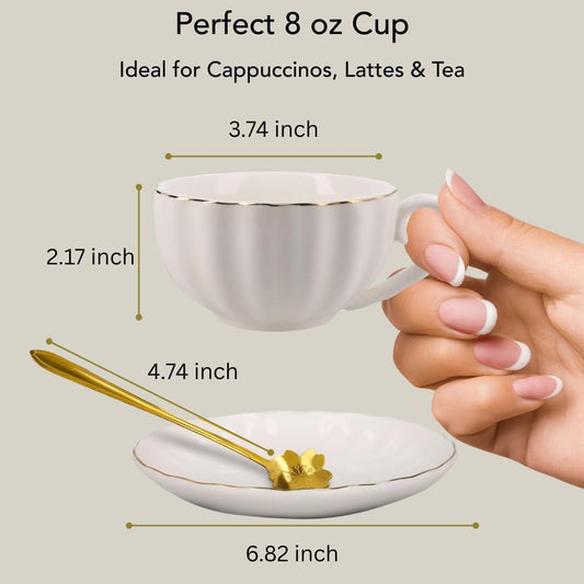 8oz Cappuccino Cups Set of 4 – Porcelain Gold Rimmed White 4 Cappuccino Cup and Saucer Set & Gold Spoons, Latte Cups, Coffee & Tea Mug and Saucer Set