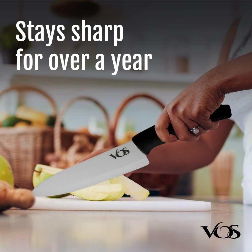 Vos Ceramic Knife with Peeler, Knives Set For Kitchen, Ultra Sharp Kitchen Knife Set with Covers, 4" 5" 6" 7" 8" Paring, Chef Knife, Santoku & 2 more, Lightweight, Dishwasher safe (Black)