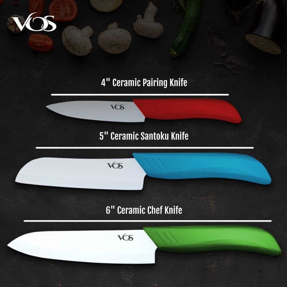 Vos Ceramic Knife Set in Elegant Gift Box, Ceramic Knives Set For Kitchen, Ultra Sharp Kitchen Knife Set with Covers, 4" 5" 6" Paring, Santoku & Chef Knife, Lightweight, Dishwasher safe (Multi-Color)