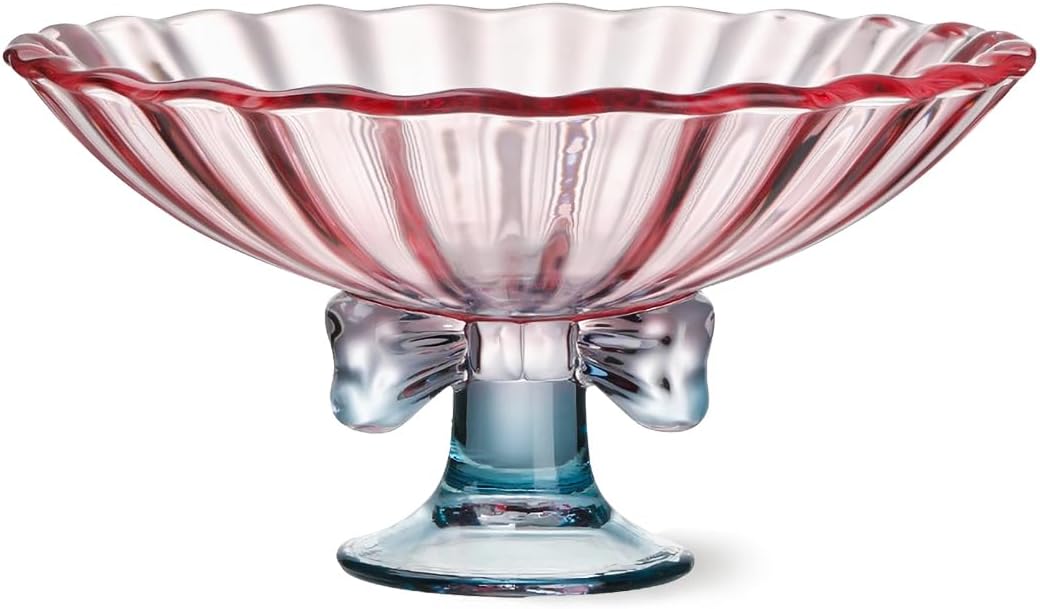 Glass Fruit Bowl. 9 inch Glass Pedestal Bowl. Elegant Bow Decoration Multicolor Salad Plate. Suitable for Fruit, Dessert, Candy, Snack & More. (Pink & Blue)