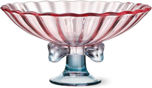 Glass Fruit Bowl. 9 inch Glass Pedestal Bowl. Elegant Bow Decoration Multicolor Salad Plate. Suitable for Fruit, Dessert, Candy, Snack & More. (Pink & Blue)