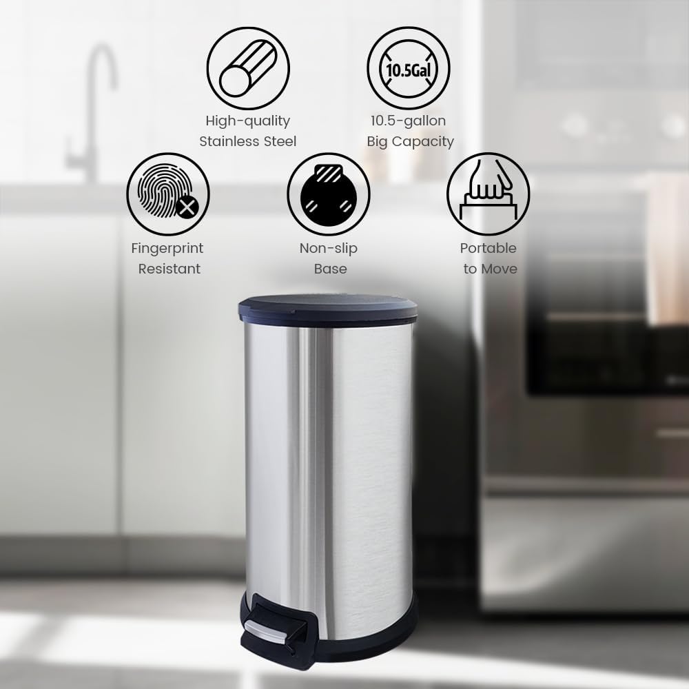 10 Gallon Stainless Steel Trash Can – Round Tall Design, Hands-Free Pedal, Liner-Free with Inner Ring Bag Holder，Rust-Proof for Kitchen, Office, or Bathroom