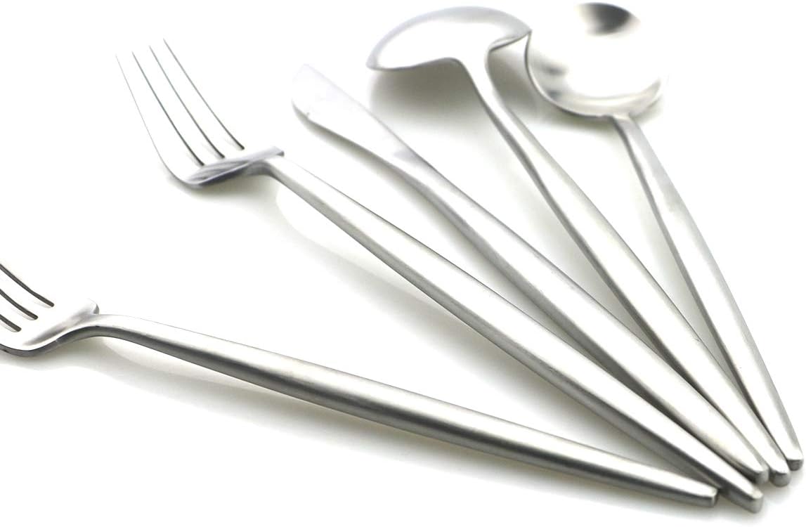 Gugrida 5 Pieces Matte Silver Flatware Set, 18/10 Stainless Steel Cutlery Sets Including Knife Fork Spoon w/Dessert Fork Teaspoon, Silverware Sets Service for 1