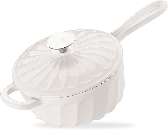 Enameled Cast Iron Sauce Pan, 2 Quart Enameled Saucepan with Lid, Mini Dutch Oven Enamel Saucepan for Cooking Pasta Sauce, Gravy, Puddings, Marinate, Boiling (White)