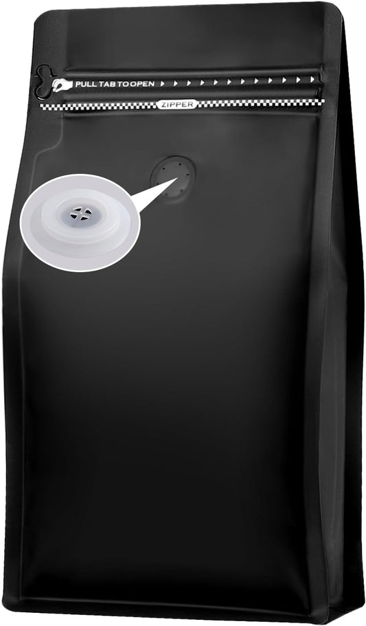 REMTAP Coffee Bags with Valve(50 pcs,16 oz/1 lb) Black High Barrier Aluminum Foil Flat Bottom Standing Empty Coffee Beans Storage Bag,Reusable Heat Sealable Side Zipper Pouches for Home or Store