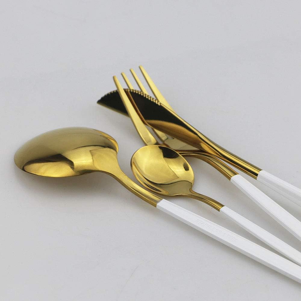 24-Piece Flatware Set, 18/0 Stainless Steel Knife Fork Spoon Teaspoon Silverware Set, Service for 6, White Handle Gold