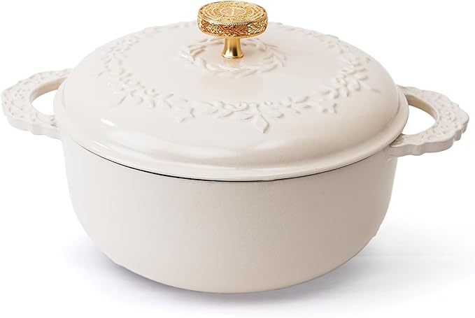 6 Quart Chip-resistant Enameled Cast Iron Dutch Oven Pot with Lid and Elegant Gold Hollow Knob With Handcrafted Inlaid Cubic Zirconia Detail, Safe For Bake,Stew, Braise, Boil, Deep Fry, Roast (White)