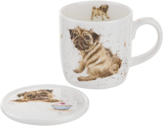 Royal Worcester Wrendale Designs 11 Oz Mug & Coaster Set, Pug Love - Fine Bone China Coffee Mug with Adorable Dog Motif, Dishwasher & Microwave Safe - Festive Gift for Animal Lovers