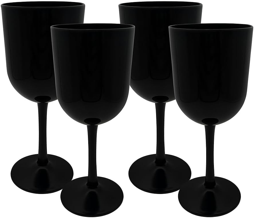 Party Outlaw Plastic Wine Glasses 4 Pc 10oz, Classic Wine Drinking Glasses, BPA-Free, Lightweight, Heavy Duty, Reusable, Shatter - Proof, Dishwasher Safe, Made in USA (Black)