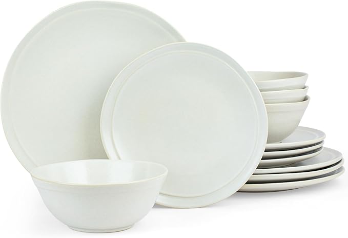 Famiware Aegean Dinnerware Set for 4, Plates and Bowls Sets, 12-Piece Stoneware Scratch Resistant Dinner Set, Handmade Irregular Round Dishes, Microwave and Dishwasher Safe, Matte White